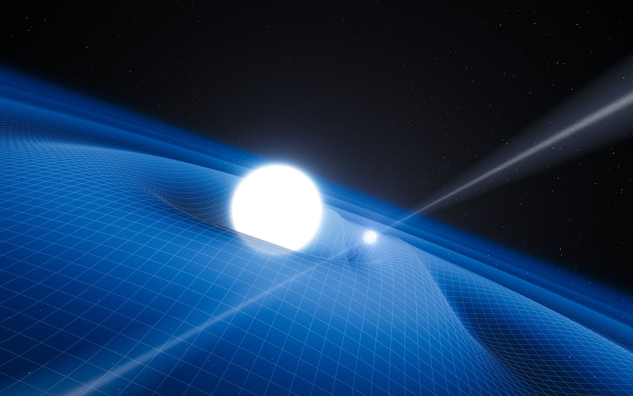 This artist’s impression shows the exotic double object that consists of a tiny, but very heavy neutron star that spins 25 times each second, orbited every two and a half hours by a white dwarf star. The neutron star is a pulsar named PSR J0348+0432 that is giving off radio waves that can be picked up on Earth by radio telescopes. Although this unusual pair is very interesting in its own right, it is also a unique laboratory for testing the limits of physical theories. This system is radiating gravitational radiation, ripples in spacetime. Although these waves (shown as the grid in this picture) cannot be yet detected directly by astronomers on Earth they can be sensed indirectly by measuring the change in the orbit of the system as it loses energy. As the pulsar is so small the relative sizes of the two objects are not drawn to scale.